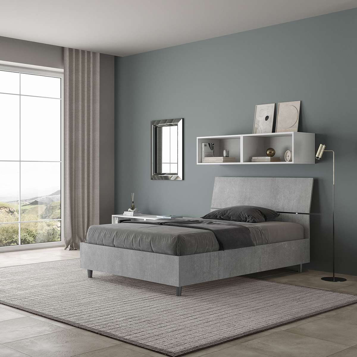 Demas small double storage bed 120x200 cm with tilted headboard concrete finish — 2