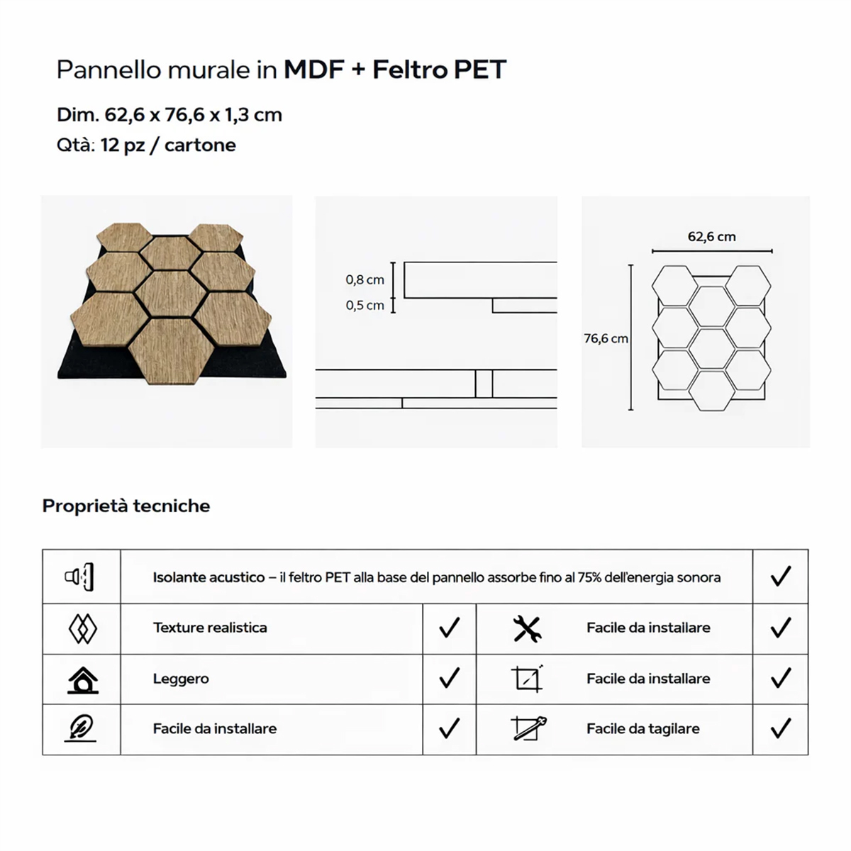 Divina Home Set of 12 Decorative Hexagonal Acoustic Panels 62x76 cm — 4