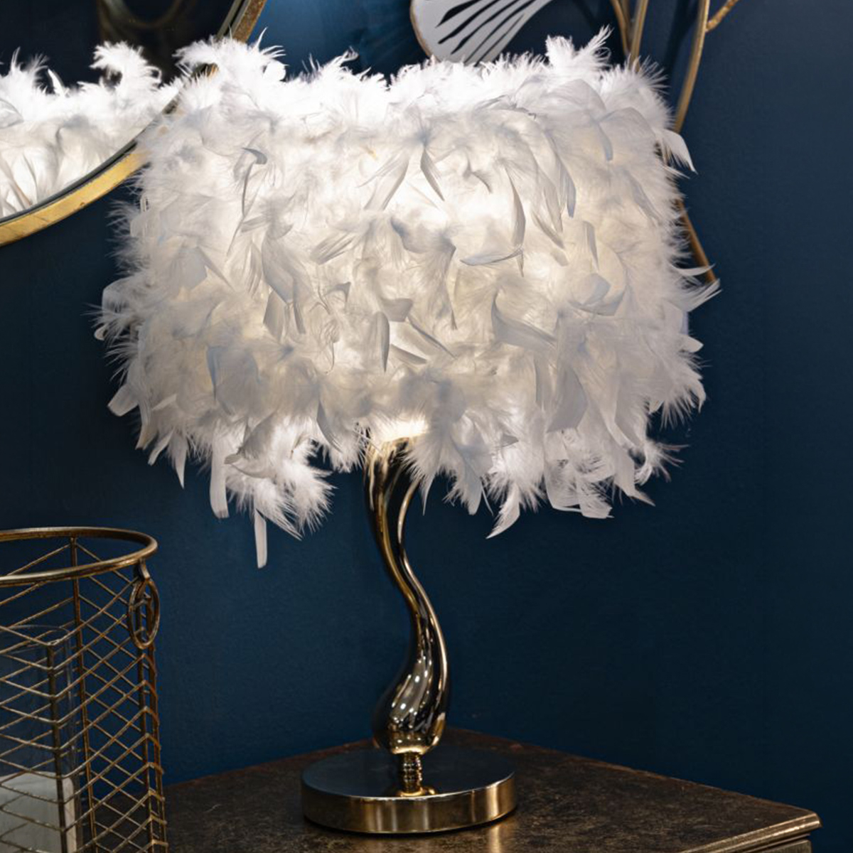 Decorative Table Lamp Cart with Feather Shade Mauro Ferretti — 2