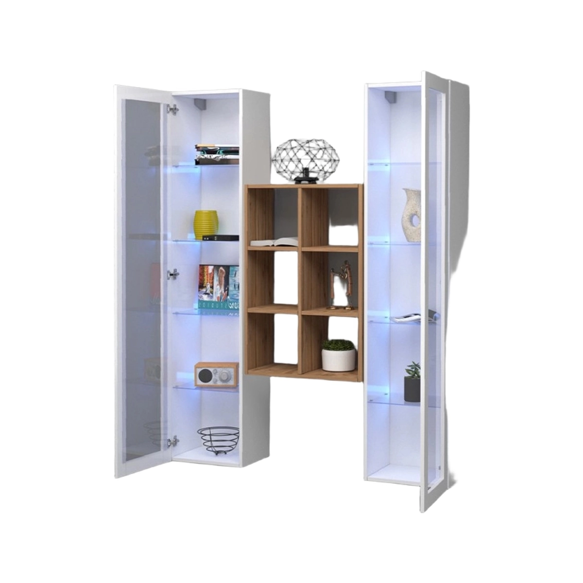 Wall-Mounted Living Room Unit 2 Gloss White Display Cabinets Oak Bookcase Kesia WH — 5