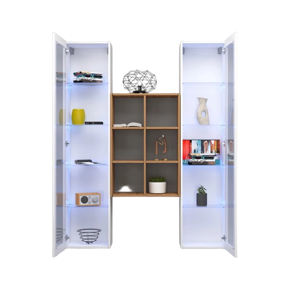 Wall-Mounted Living Room Unit 2 Gloss White Display Cabinets Oak Bookcase Kesia WH — 6