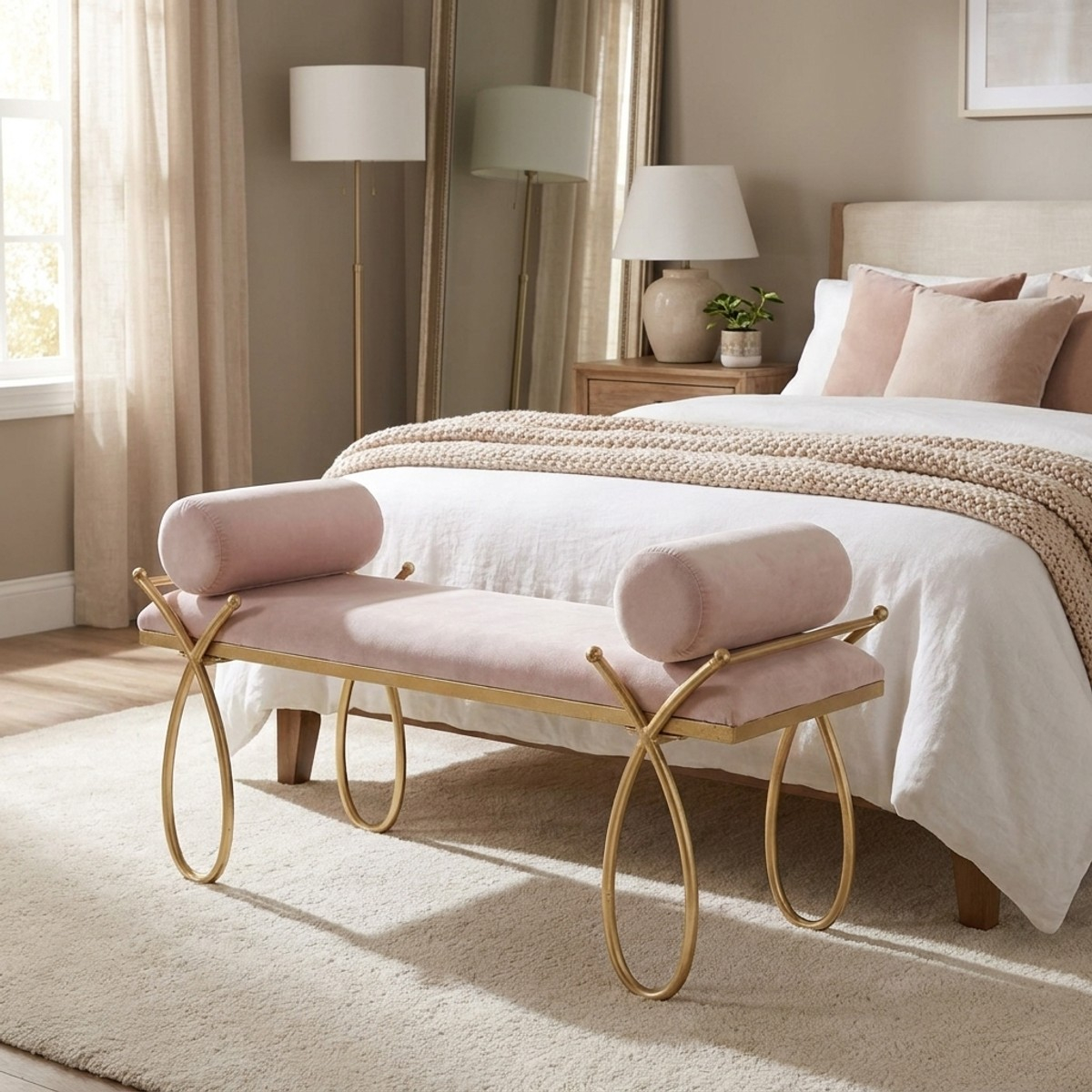 Mauro Ferretti Ribbon Velvet Upholstered Bench with Cushions — 2