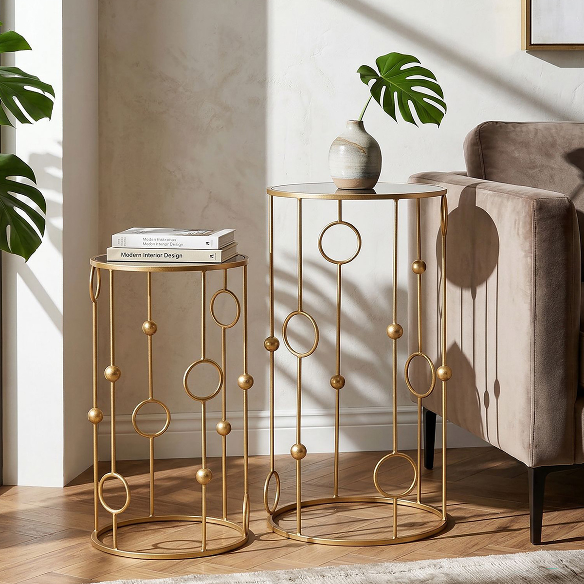 Set of 2 round metal side tables with mirror top Cage — 2