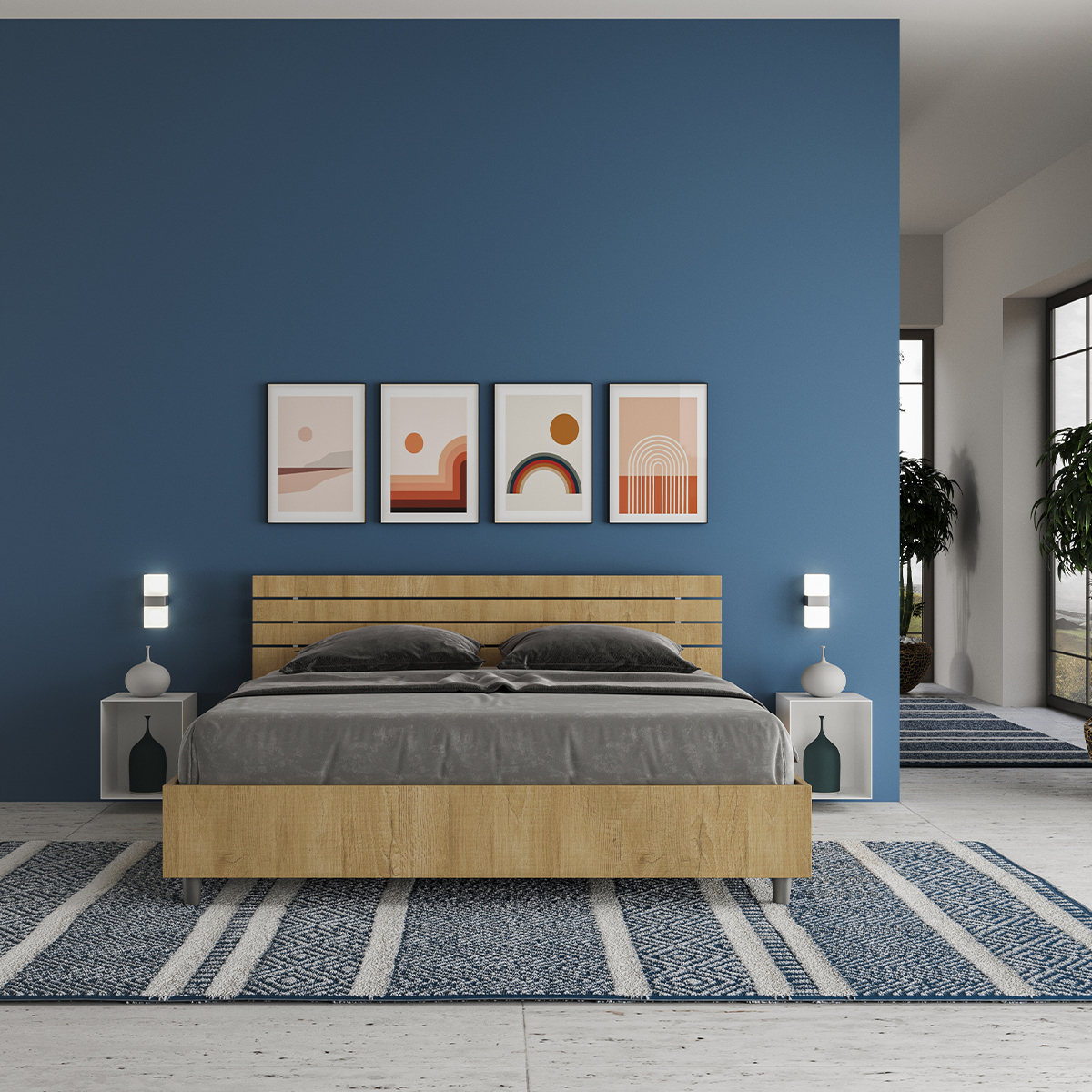 Ankel Modern Double Bed 160x190 Oak Wood Slanted Headboard — 2