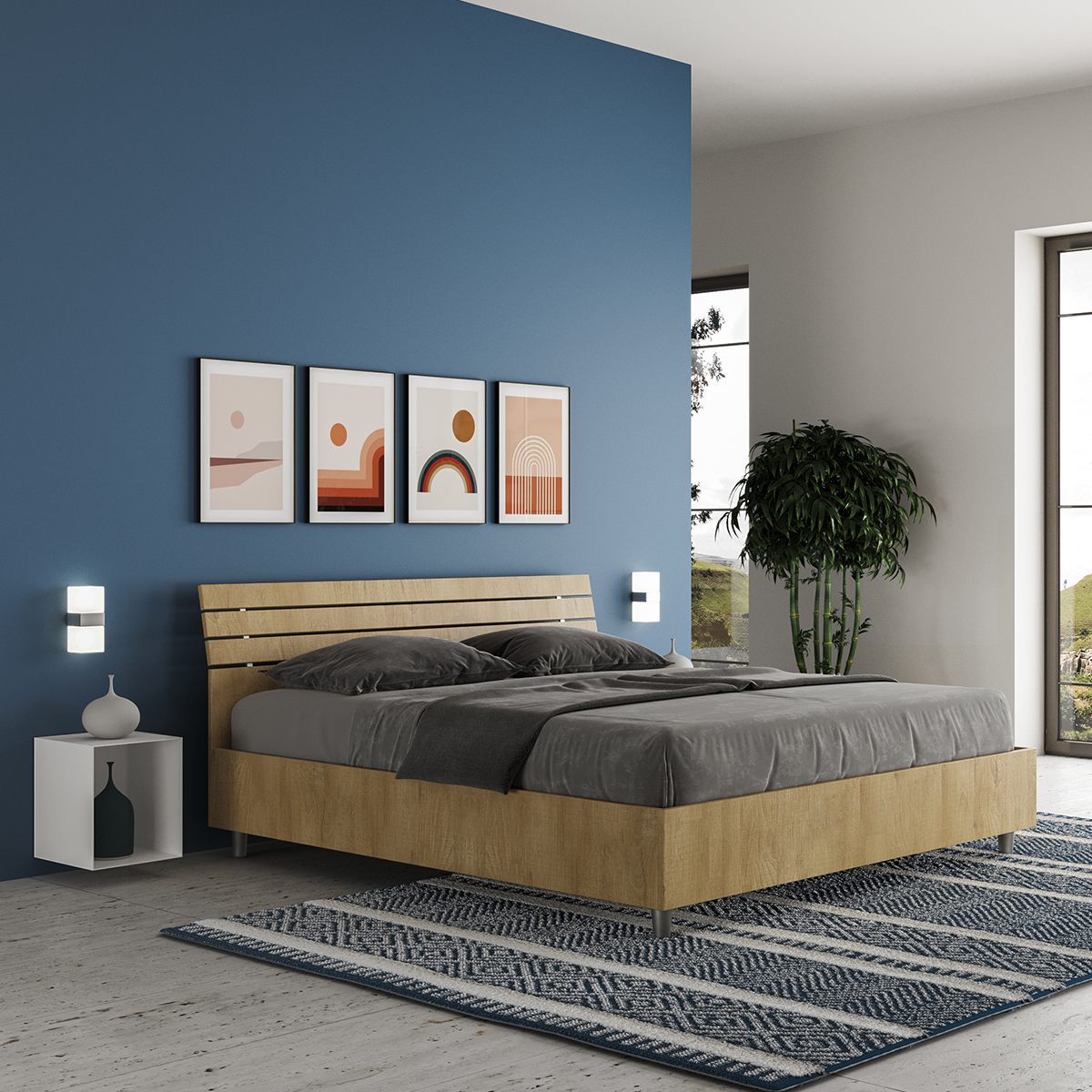 Ankel Modern Double Bed 160x190 Oak Wood Slanted Headboard — 3