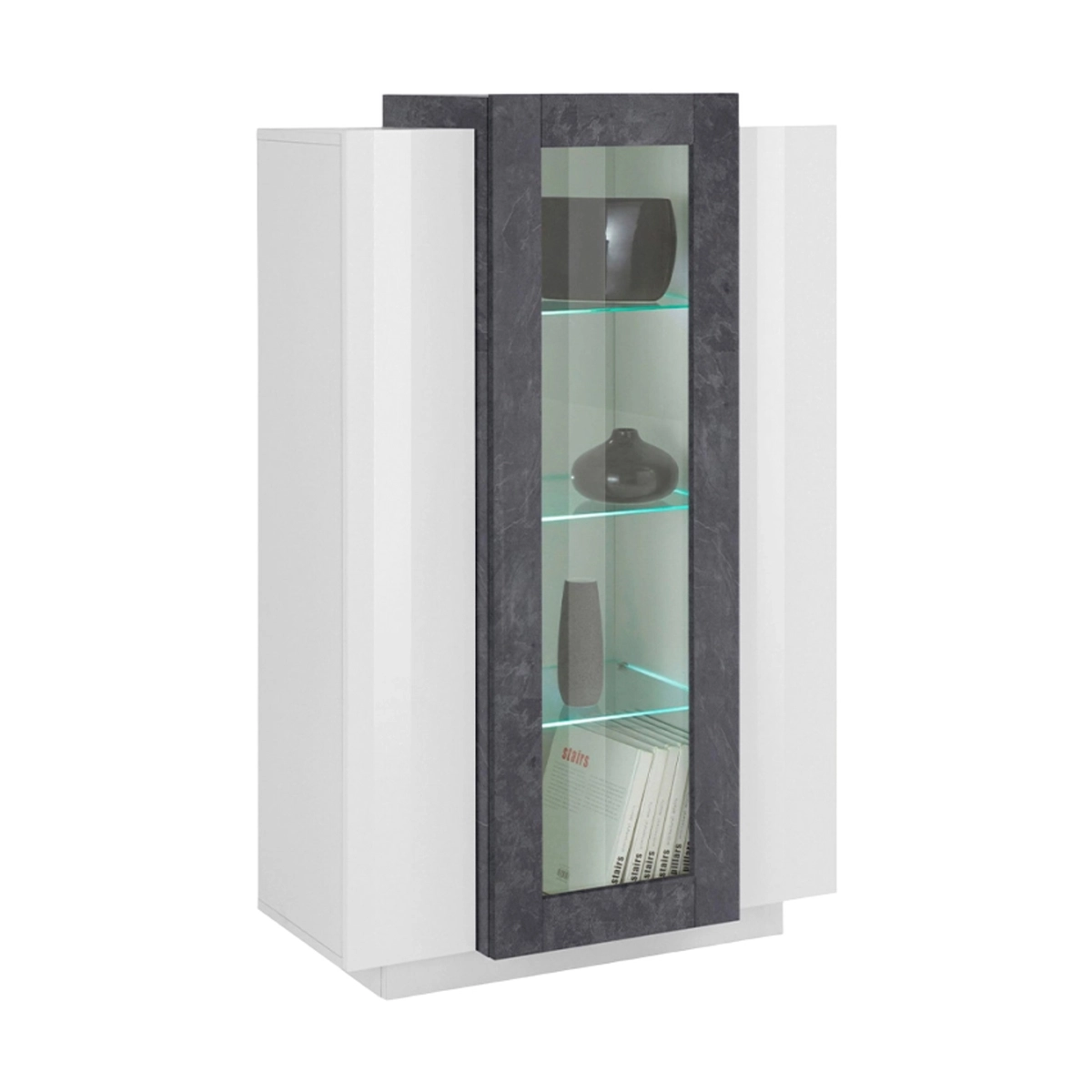 Corona Modern Living Room Display Cabinet, Glossy White and Slate — 4