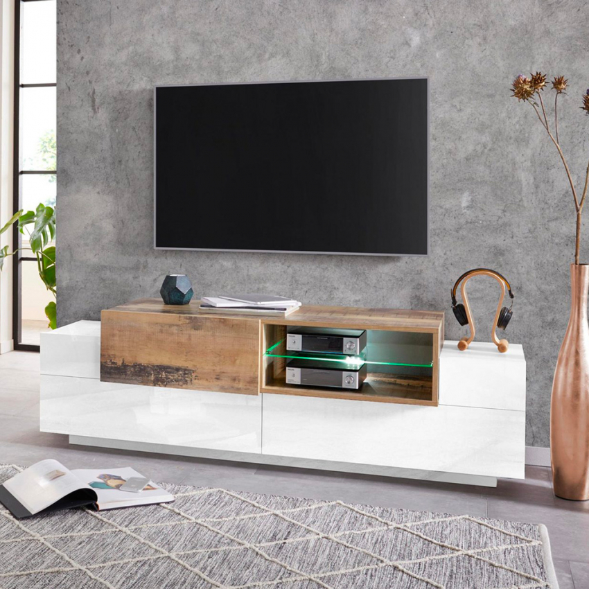 TV Stand 160cm 3 Doors with Open Shelf New Coro Low M White and Wood — 2