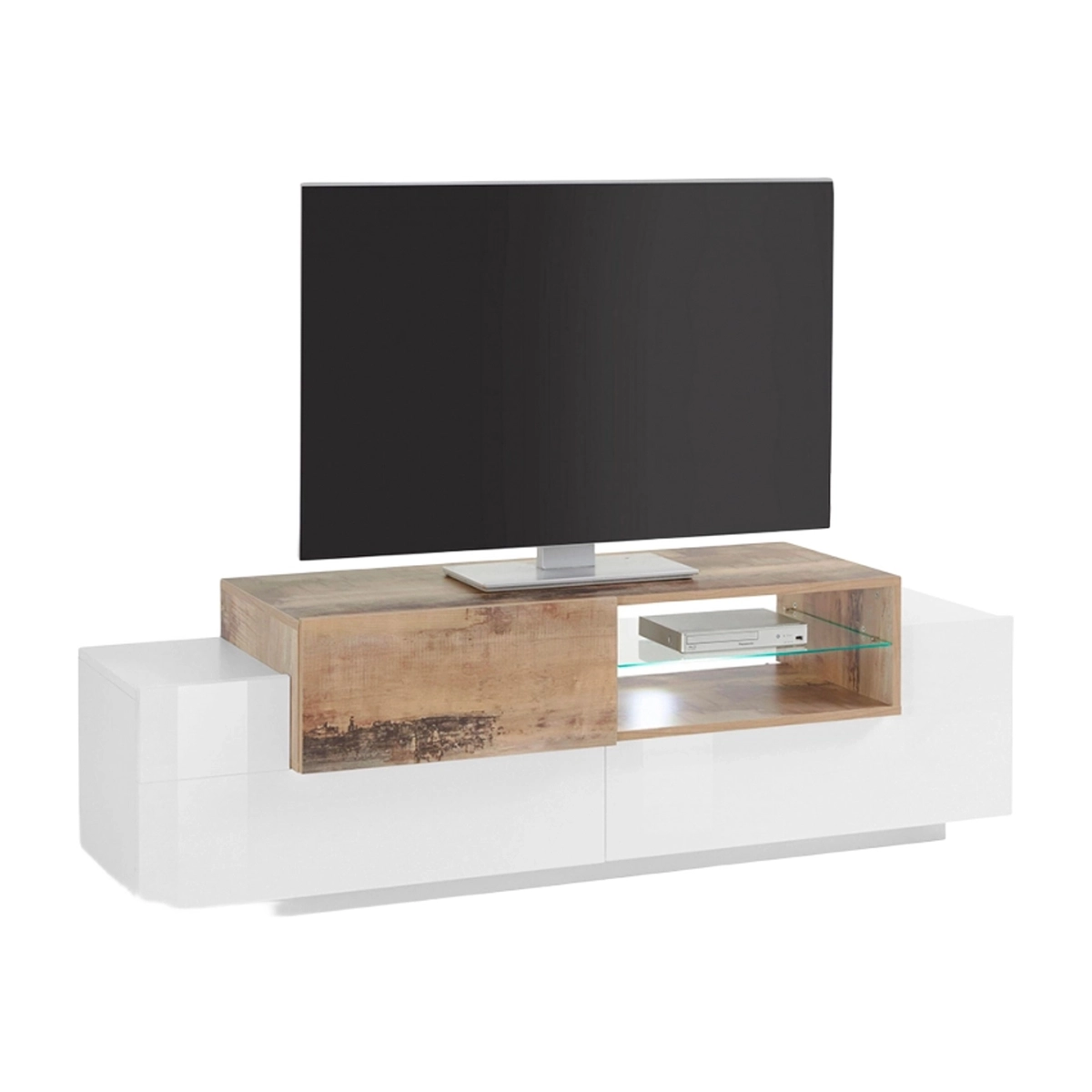TV Stand 160cm 3 Doors with Open Shelf New Coro Low M White and Wood — 1