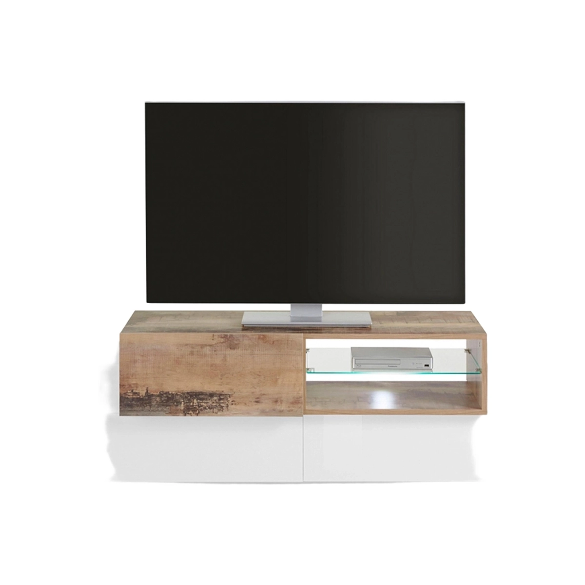 TV Stand 160cm 3 Doors with Open Shelf New Coro Low M White and Wood — 4