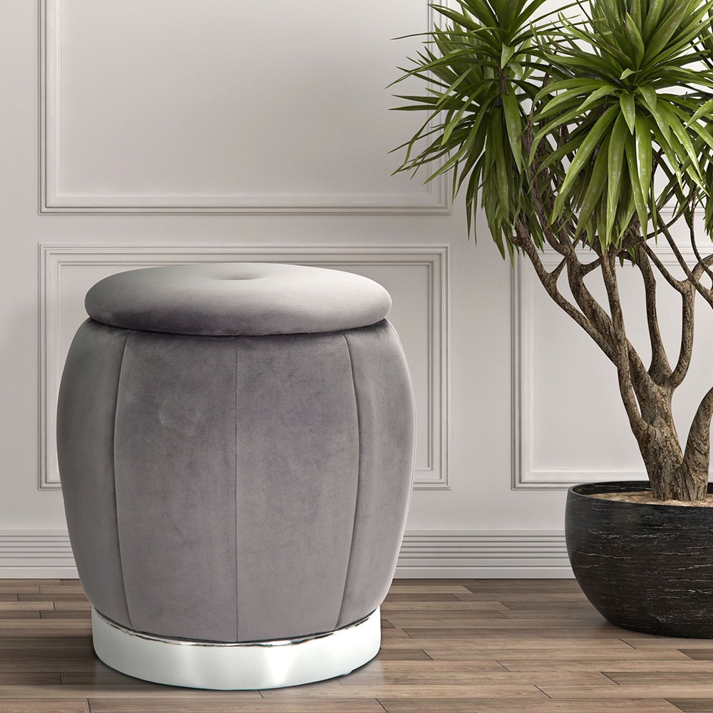 Round velvet storage ottoman 43cm with metal base Paris — 2
