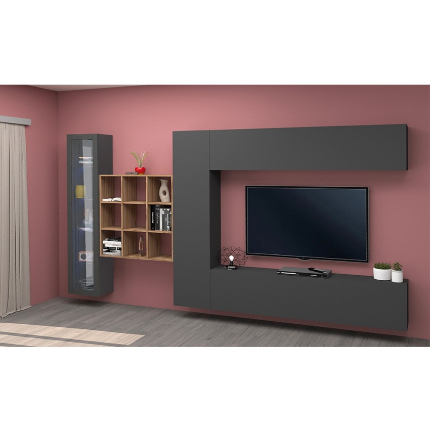 Modern Floating Living Room Wall Unit with TV Stand Showcase Bookcase Femir RT — 3