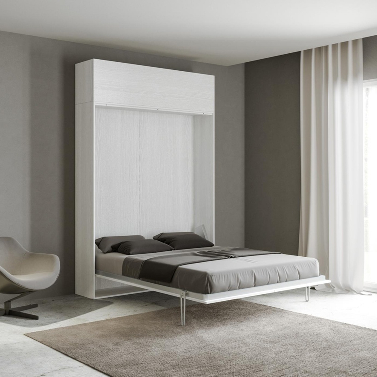 Kentaro Foldaway Double Bed with Top Cabinet Ash White Itamoby — 2