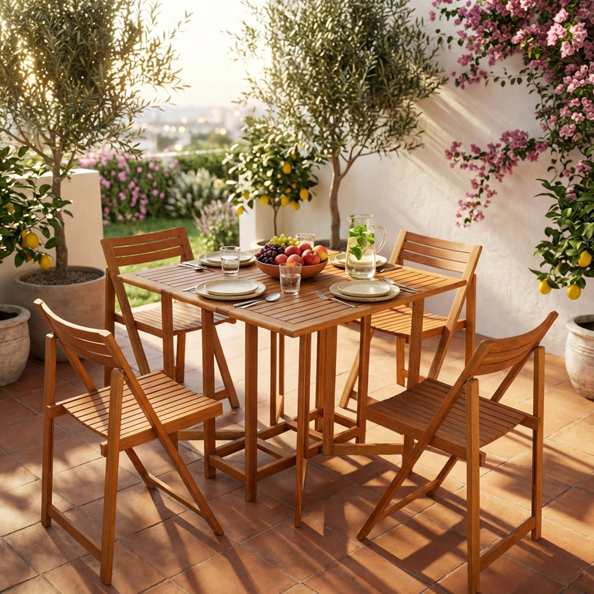 Birra Folding Acacia Garden Dining Set with Square Table and 4 Chairs — 3