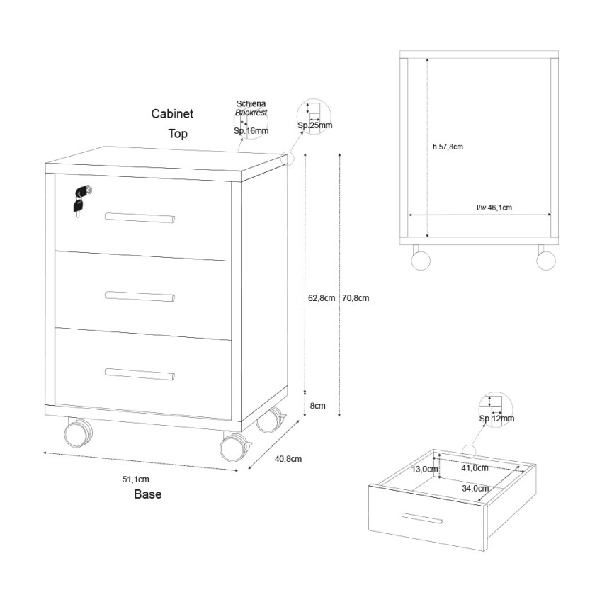 Office Under Desk 3-Drawer Cabinet on Wheels with Lock Sarmog Rot Db733 — 8