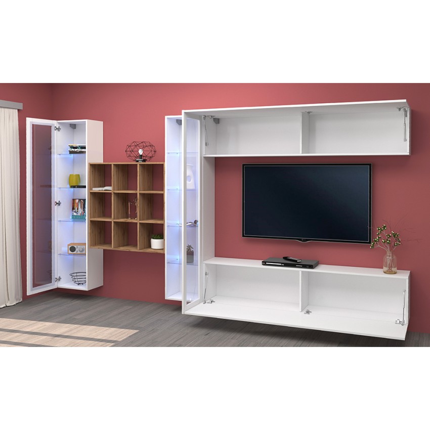 Wall unit TV cabinet white with 2 display cabinets bookcase Eron WH — 5