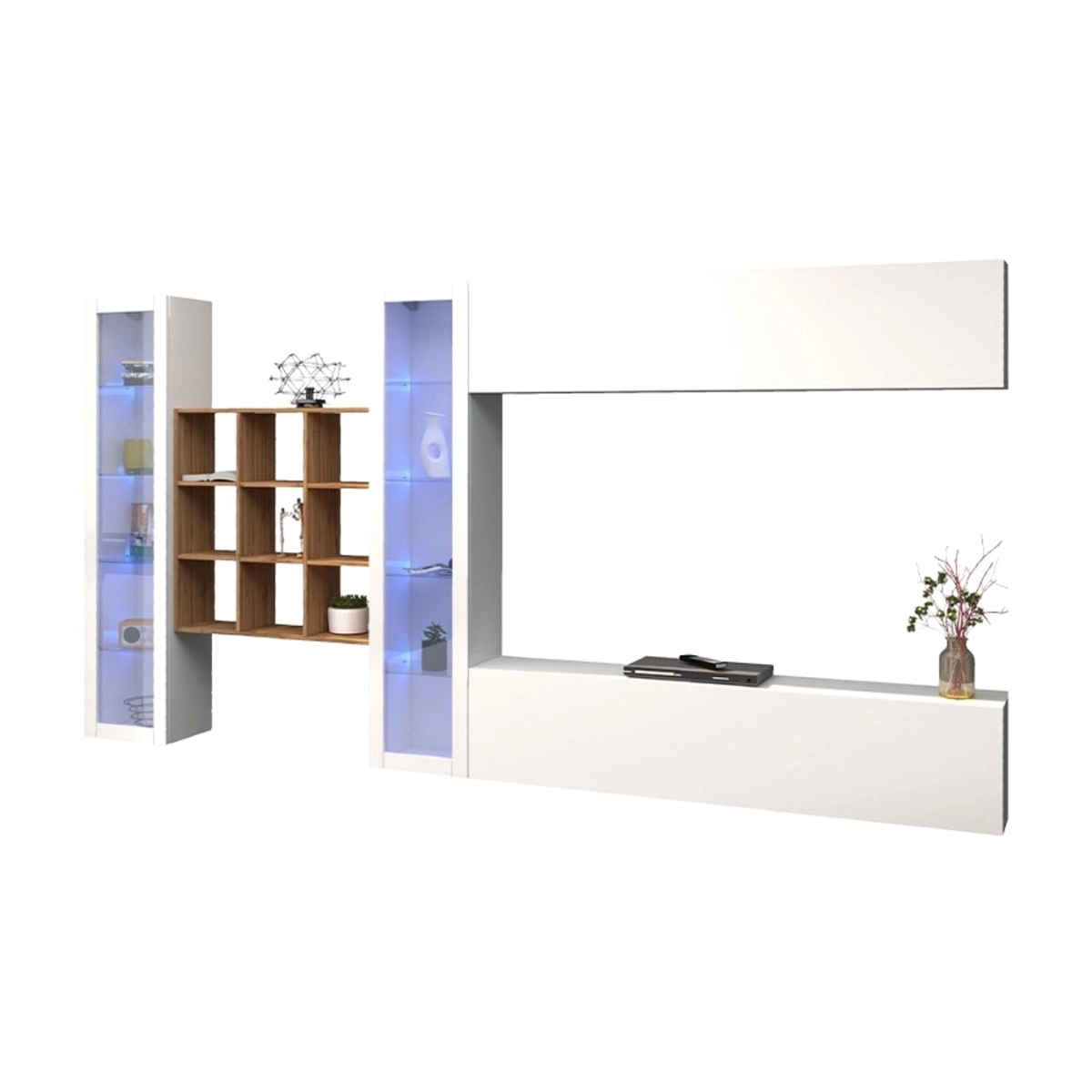 Wall unit TV cabinet white with 2 display cabinets bookcase Eron WH — 1