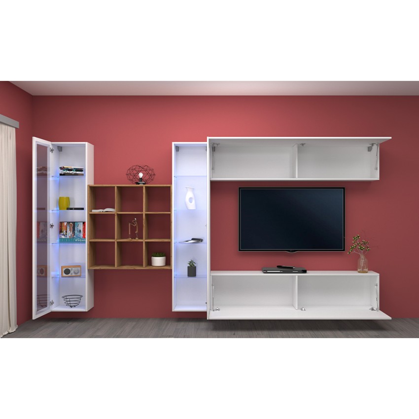 Wall unit TV cabinet white with 2 display cabinets bookcase Eron WH — 4