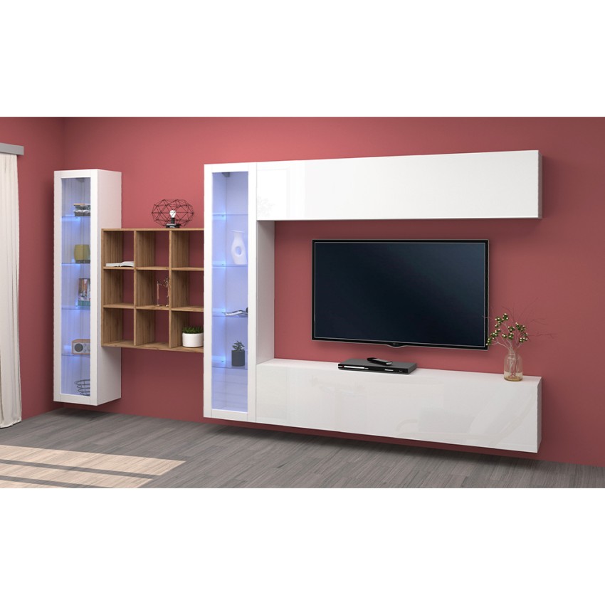 Wall unit TV cabinet white with 2 display cabinets bookcase Eron WH — 3
