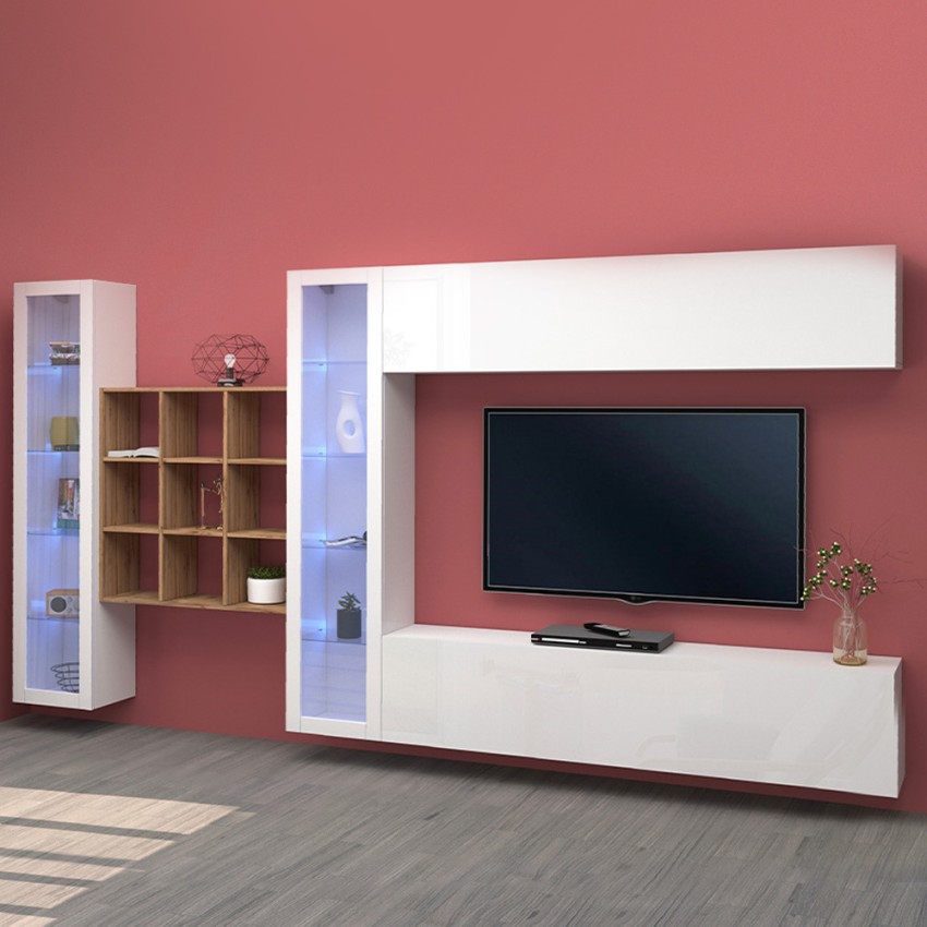 Wall unit TV cabinet white with 2 display cabinets bookcase Eron WH — 2