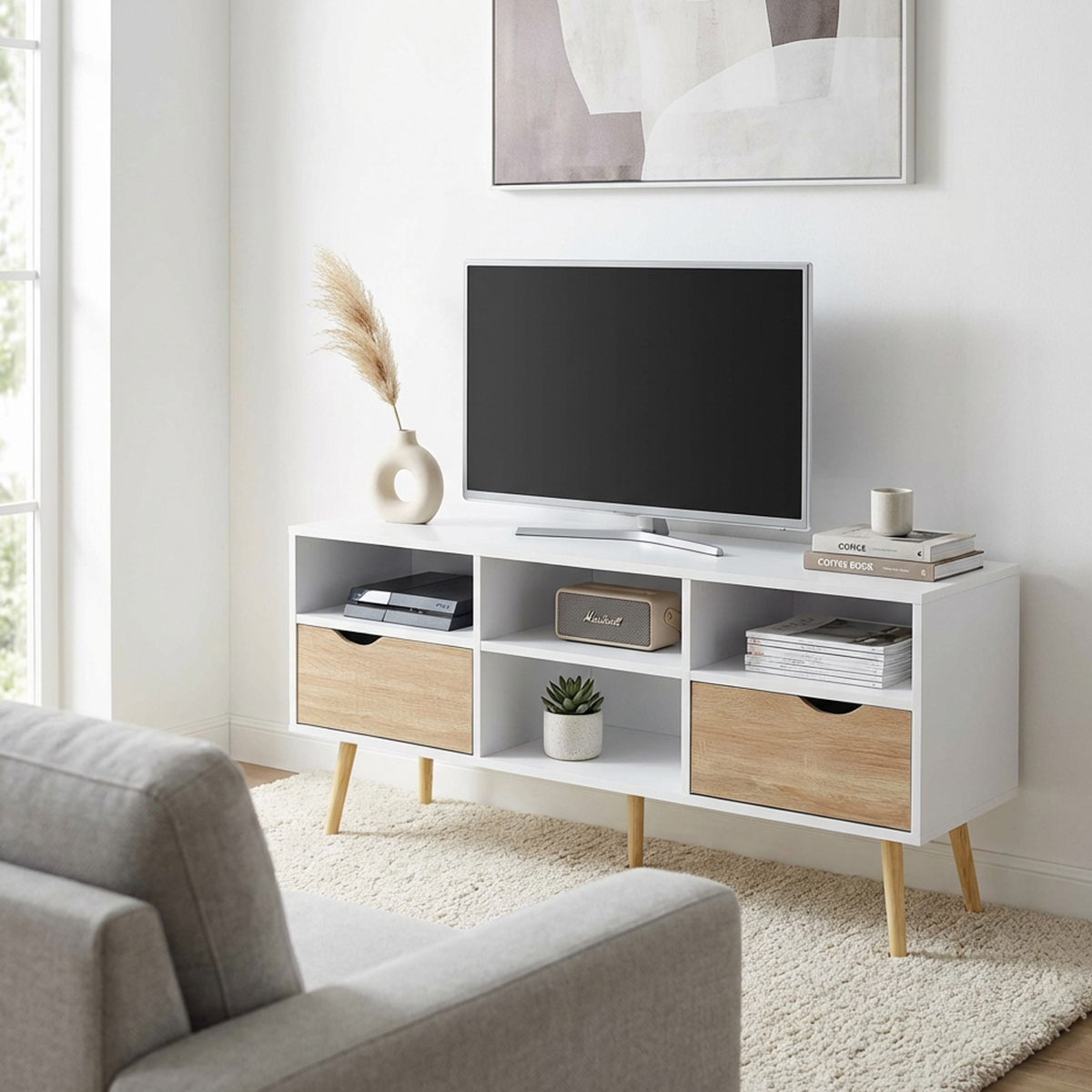 Wooden TV stand with drawers and open shelves Brody — 2