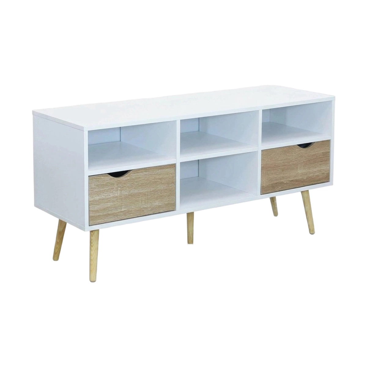 Wooden TV stand with drawers and open shelves Brody — 1
