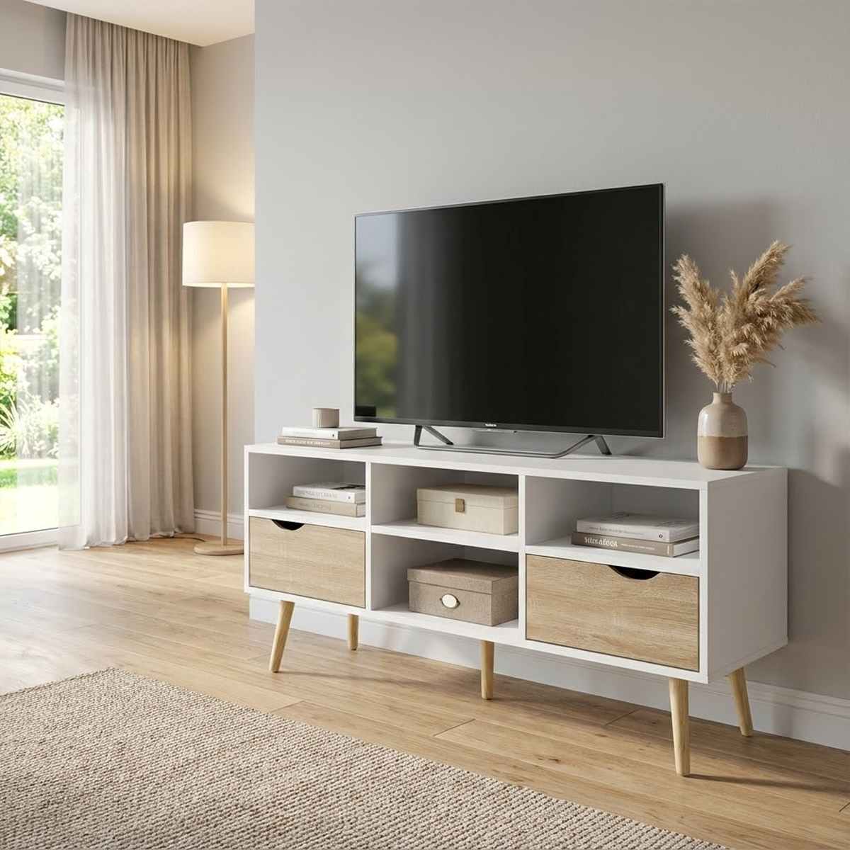 Wooden TV stand with drawers and open shelves Brody — 3