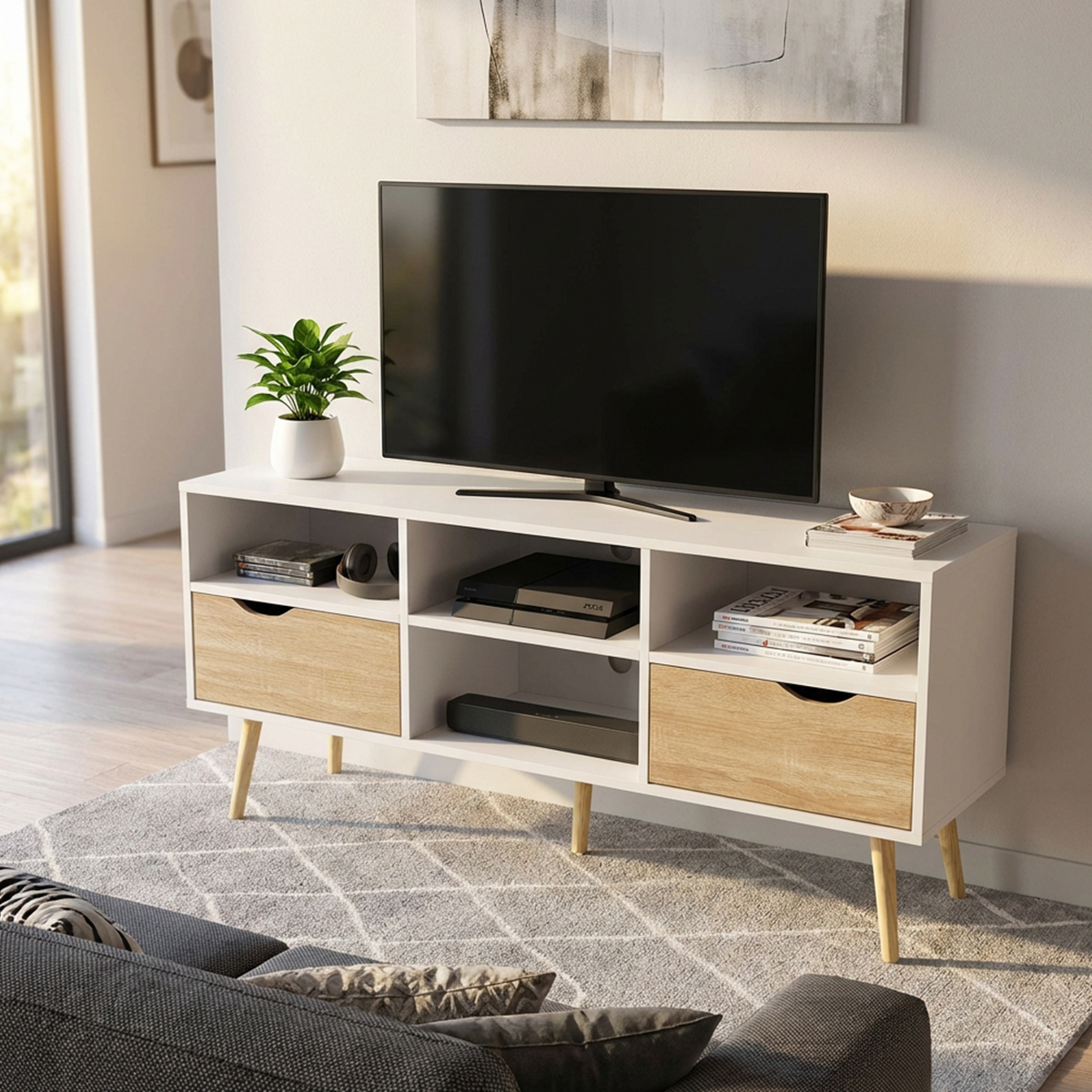 Wooden TV stand with drawers and open shelves Brody — 4