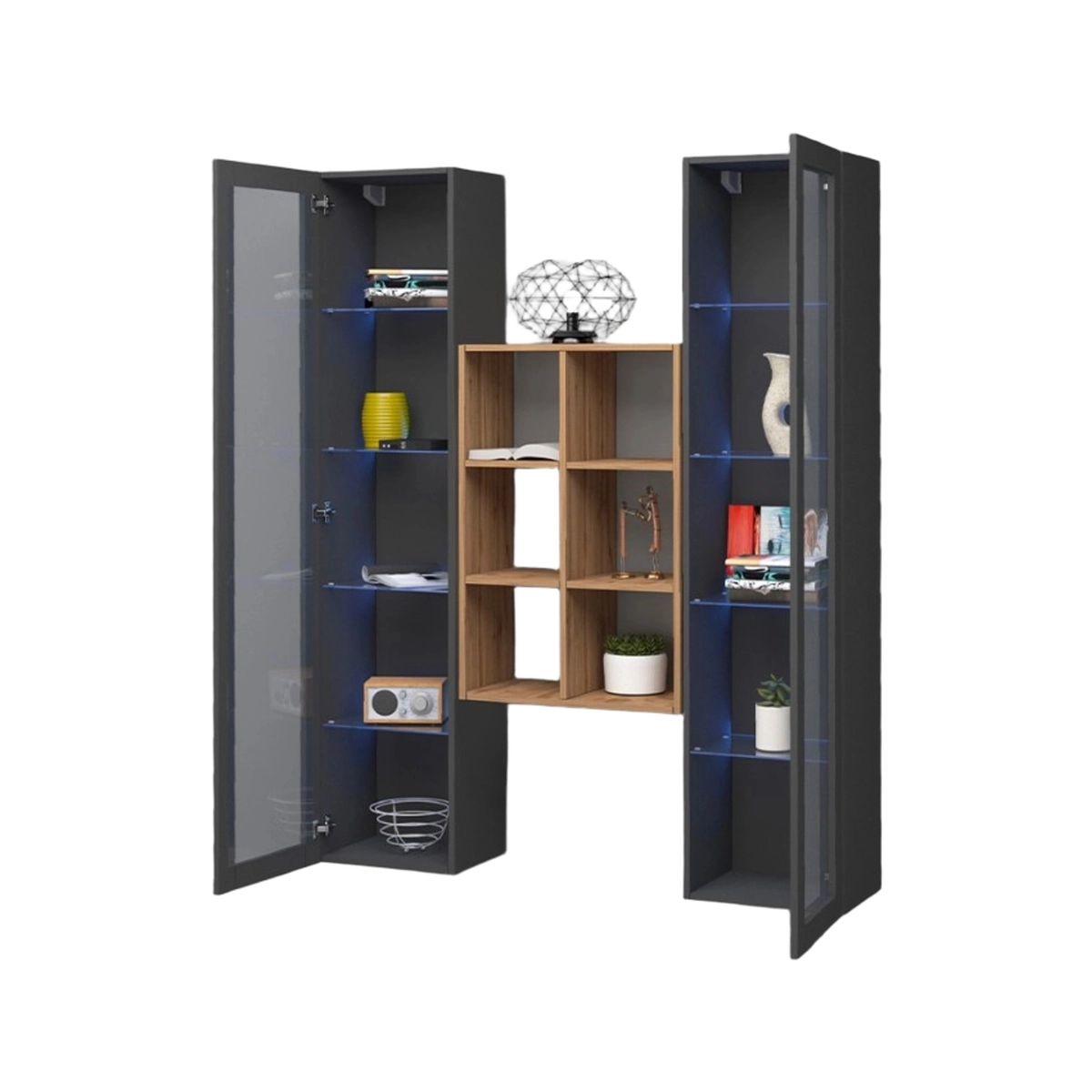 Kesia RT Wall-Mounted Living Room Unit with 2 Display Cabinets & Oak Bookcase — 4