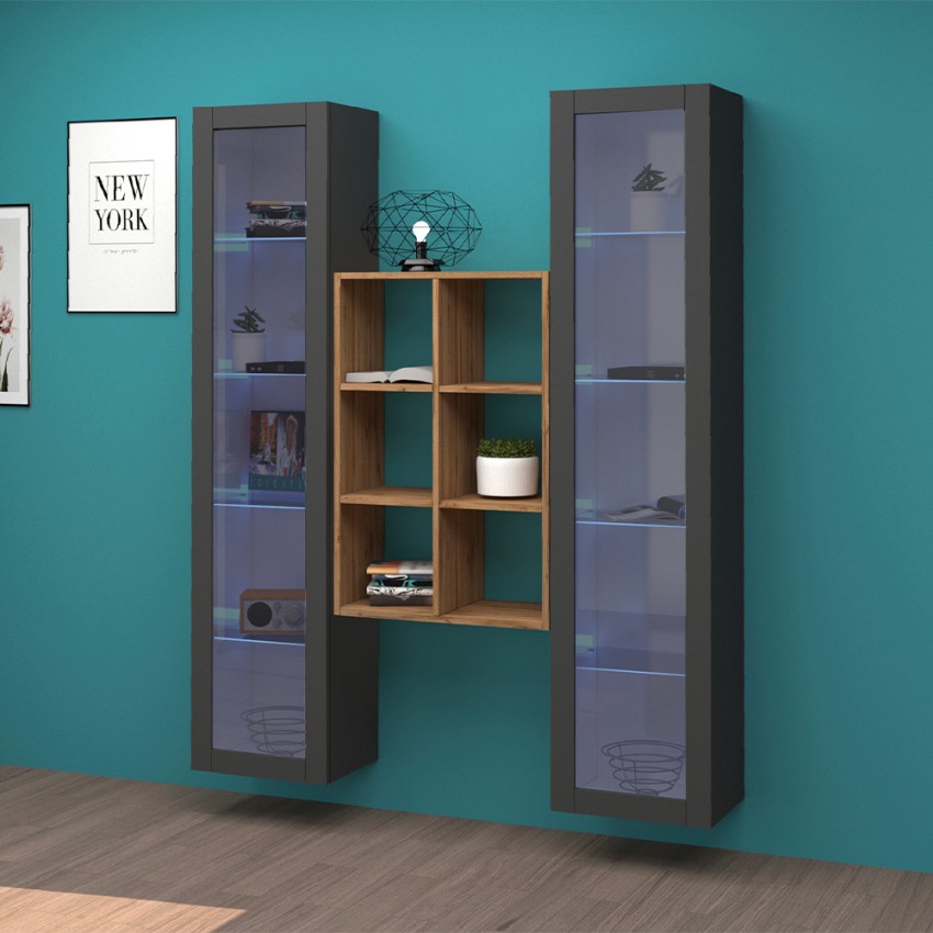 Kesia RT Wall-Mounted Living Room Unit with 2 Display Cabinets & Oak Bookcase — 2