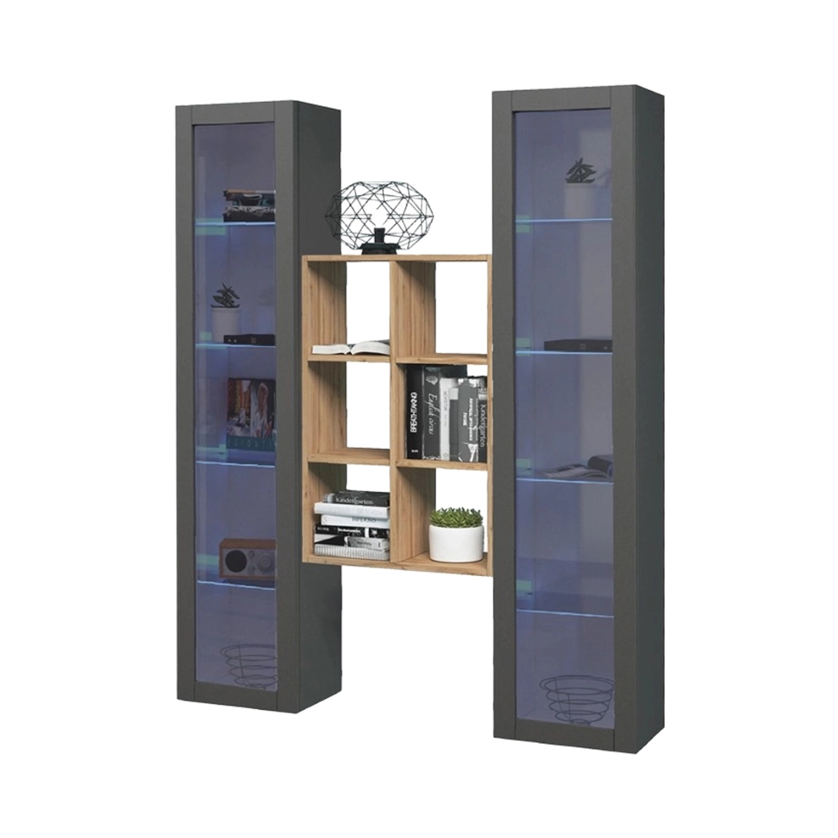 Kesia RT Wall-Mounted Living Room Unit with 2 Display Cabinets & Oak Bookcase — 1