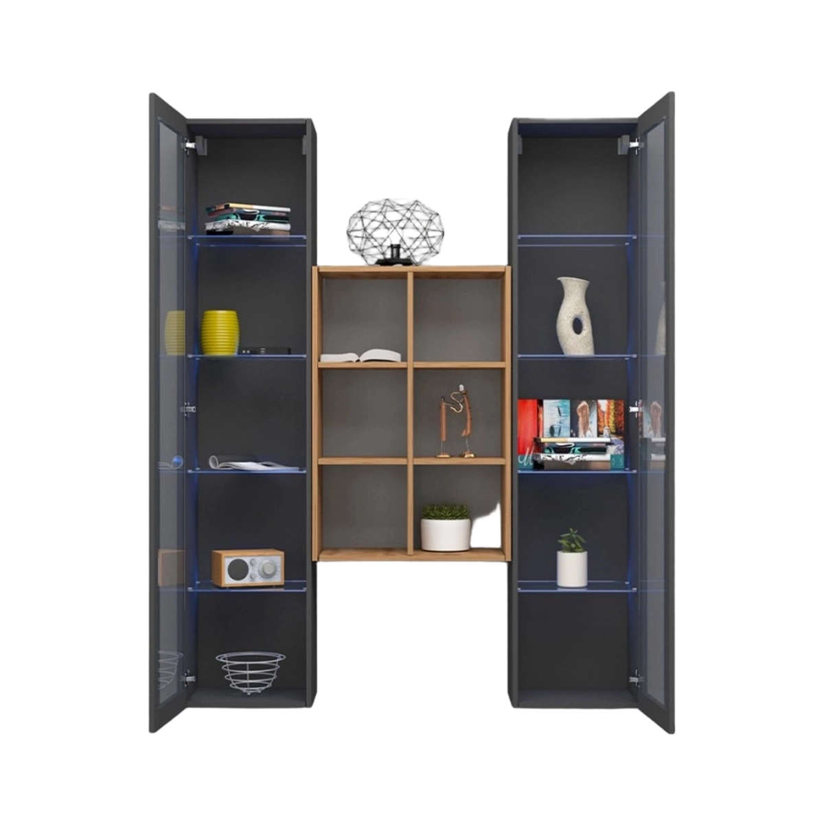 Kesia RT Wall-Mounted Living Room Unit with 2 Display Cabinets & Oak Bookcase — 5