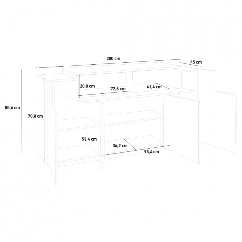 Corona Side Modern White Wood Sideboard, 200cm with 4 Doors and Compartments — 6