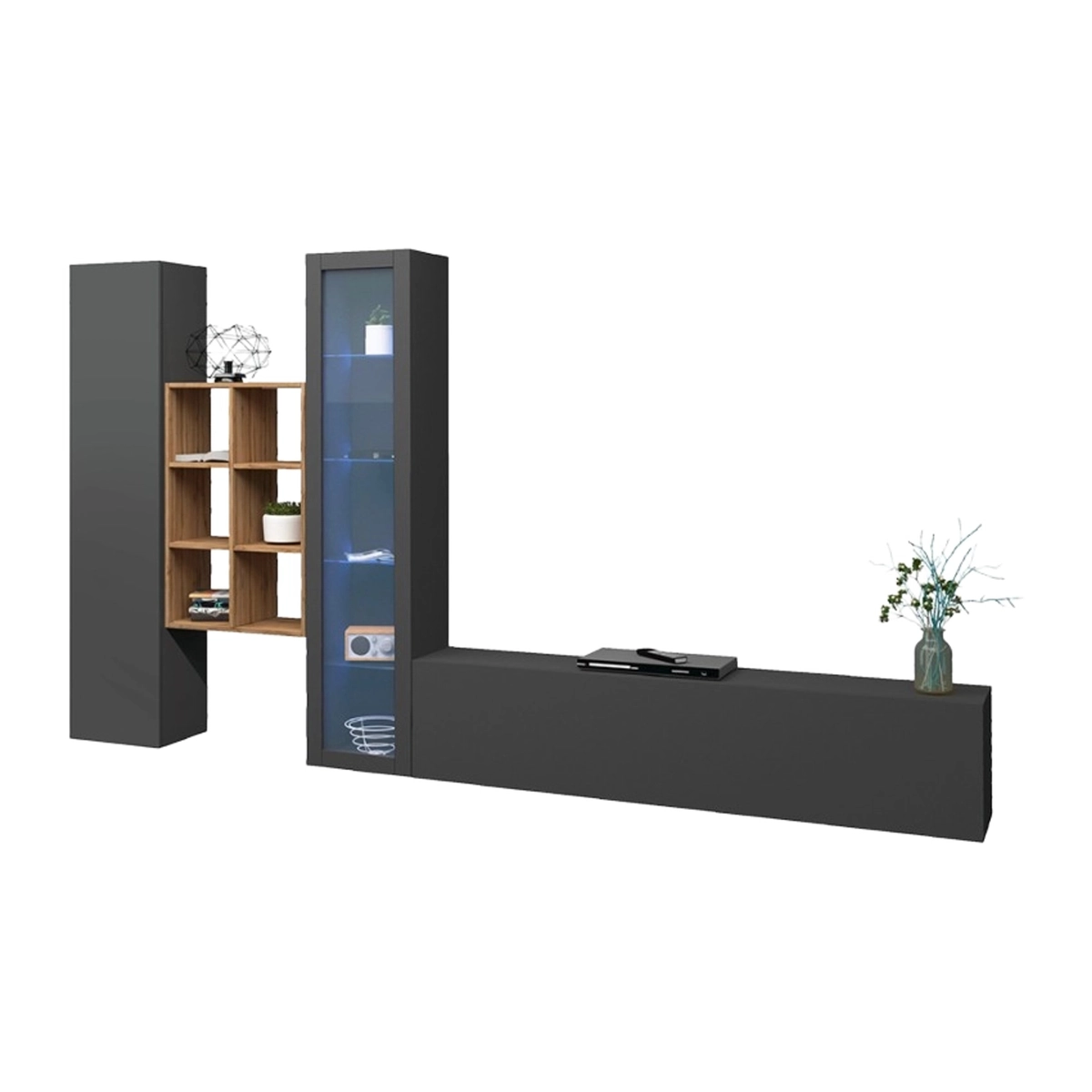 Modern floating wall unit with TV stand display cabinet and bookcase Rold RT — 7