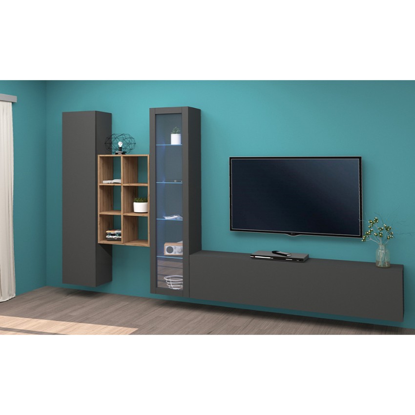 Modern floating wall unit with TV stand display cabinet and bookcase Rold RT — 3