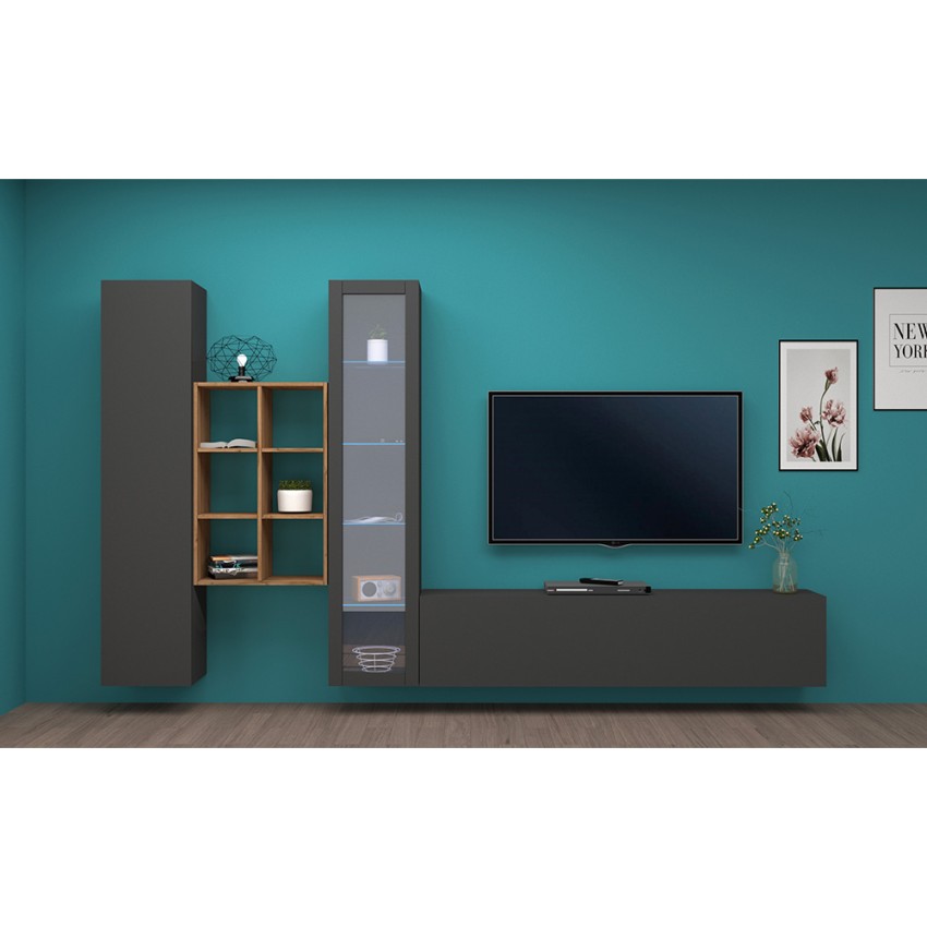 Modern floating wall unit with TV stand display cabinet and bookcase Rold RT — 4