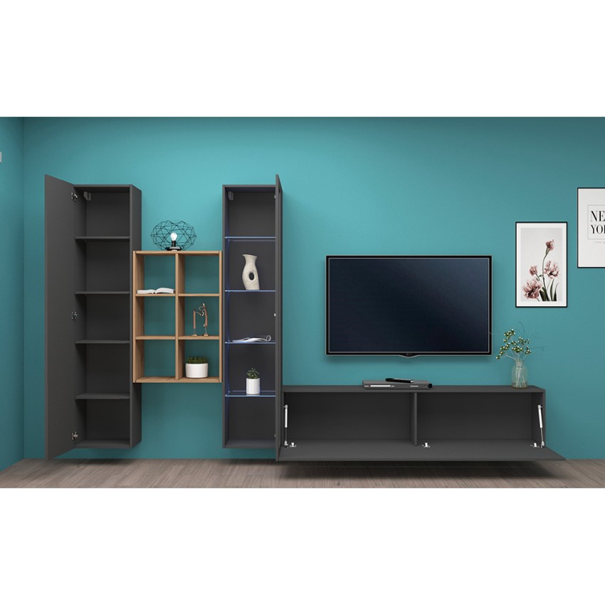 Modern floating wall unit with TV stand display cabinet and bookcase Rold RT — 5