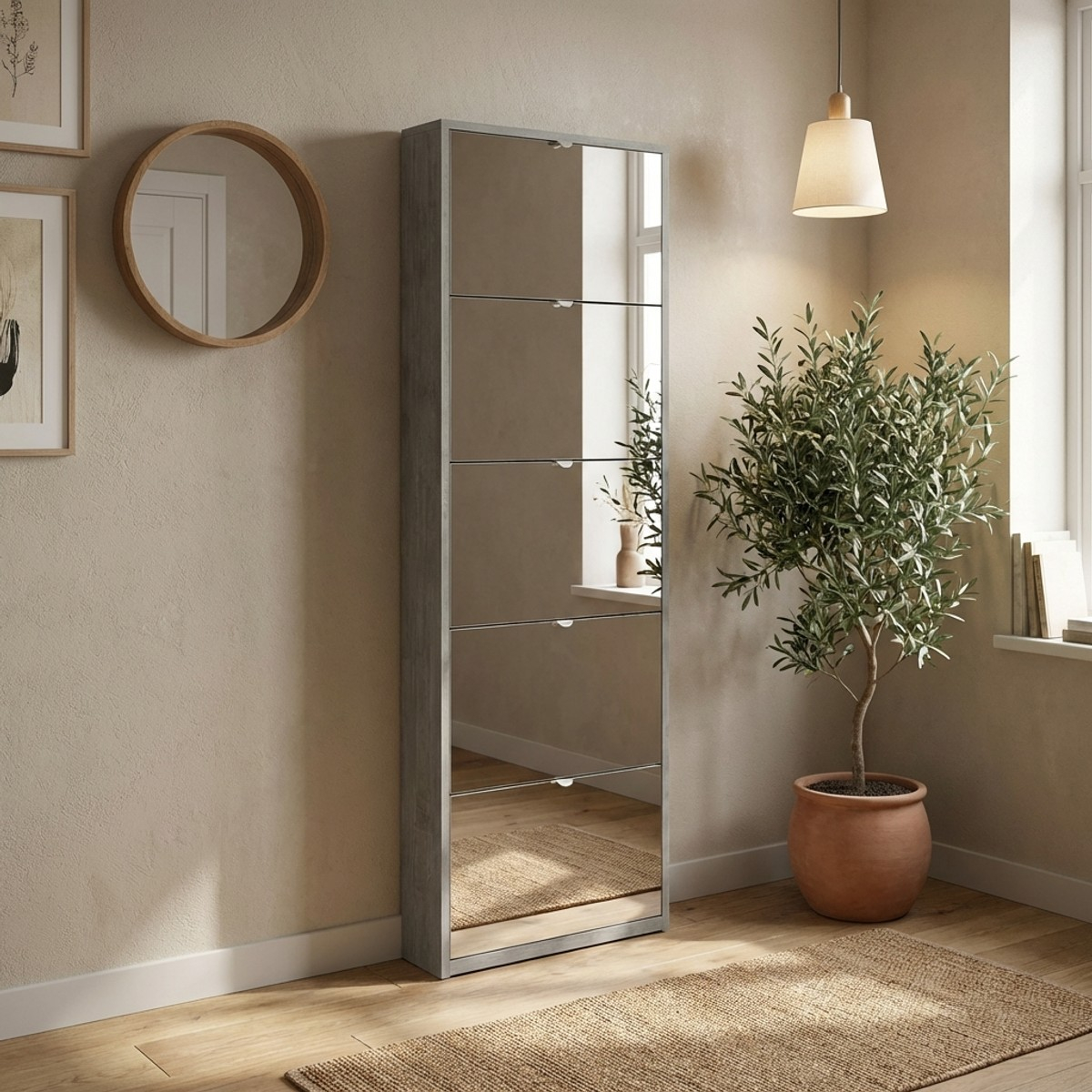 Modern 5 Mirrored Door Slim Shoe Cabinet Sarmog Darcy — 2