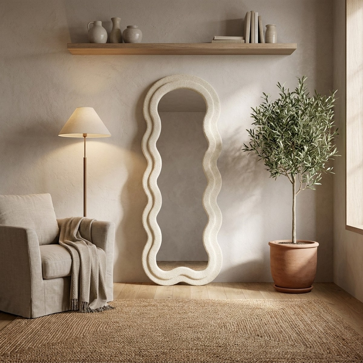 Teddy Wavy Full-Length Wall Mirror with Bouclé Frame — 2