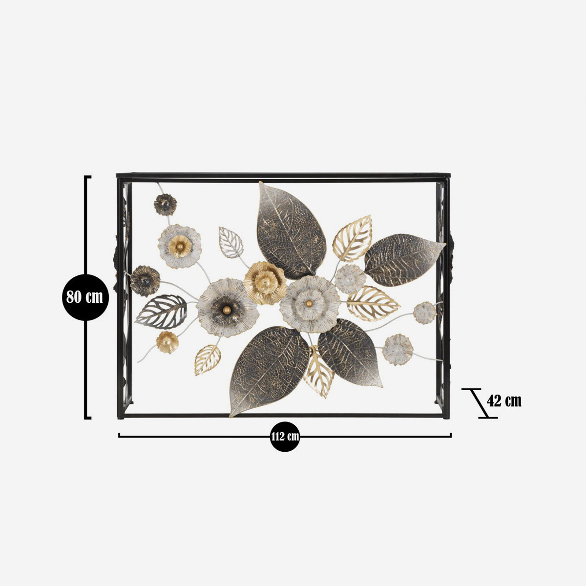 Glam Dark Metal Console Table with Mirrored Top and Floral Motif — 3