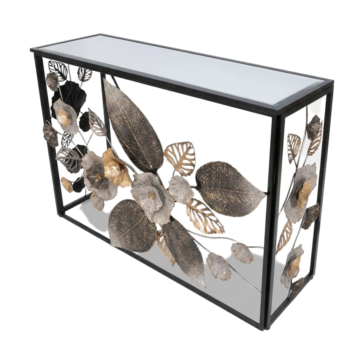 Glam Dark Metal Console Table with Mirrored Top and Floral Motif — 6