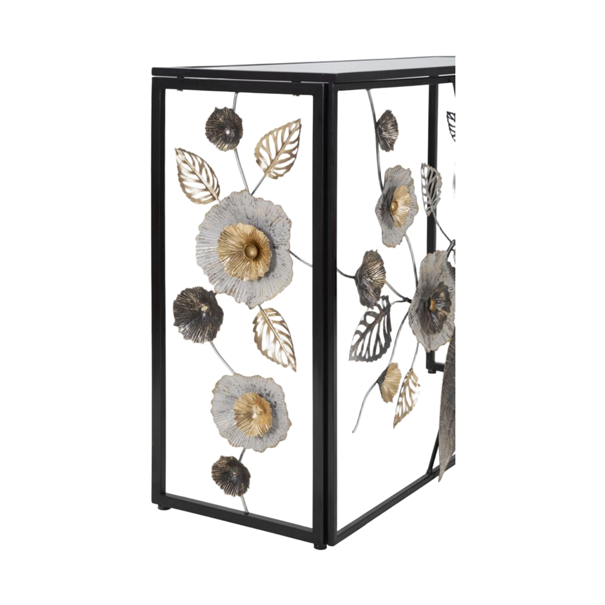 Glam Dark Metal Console Table with Mirrored Top and Floral Motif — 7