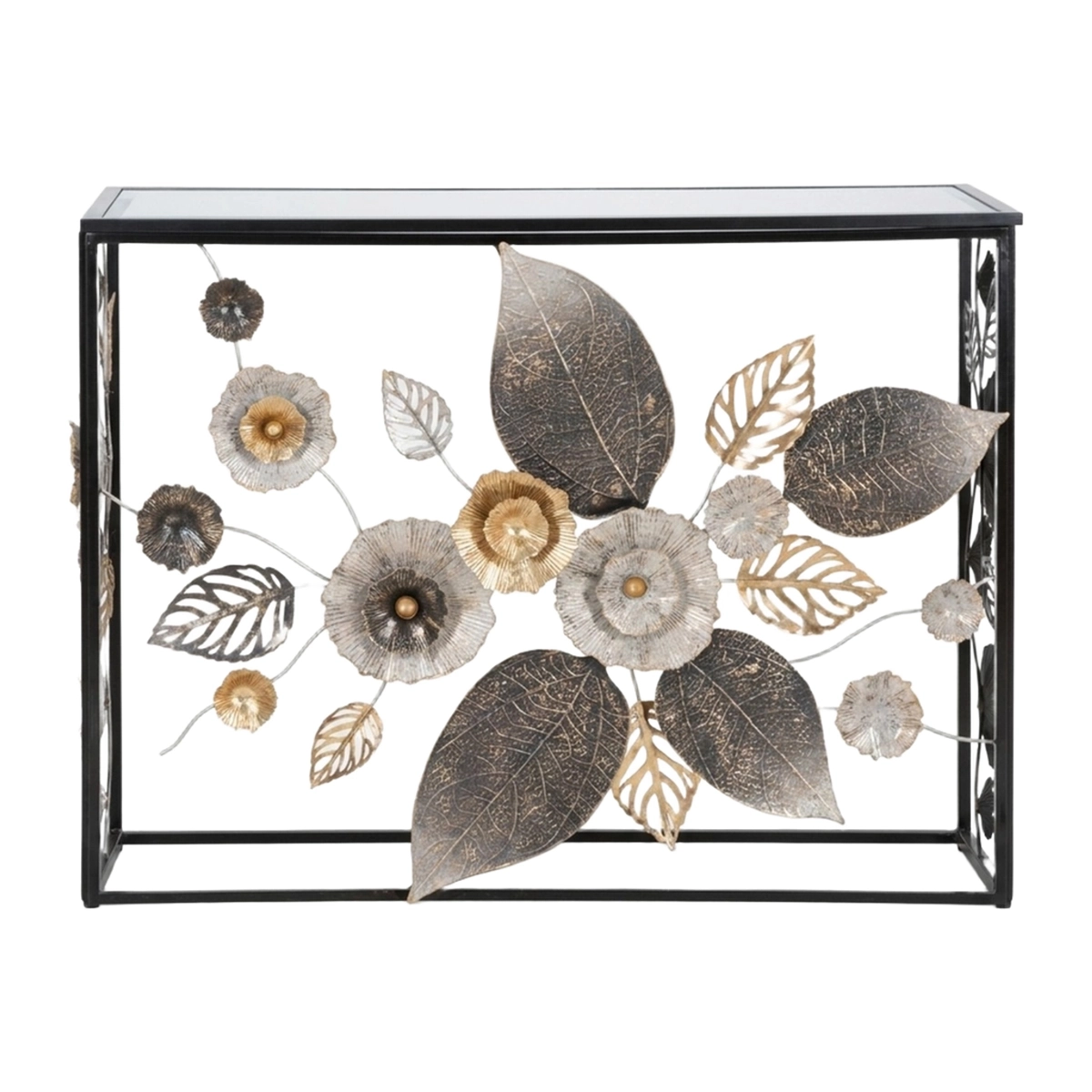 Glam Dark Metal Console Table with Mirrored Top and Floral Motif — 4