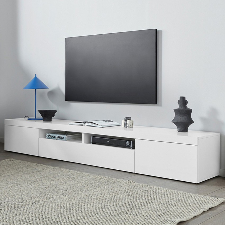 Low TV Stand Cabinet 240x40x35cm with 2 Doors and 1 Flap Idris — 2