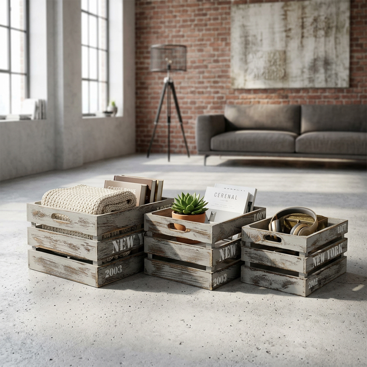 Théa Set of 3 Industrial Decorative Wooden Storage Crates — 3