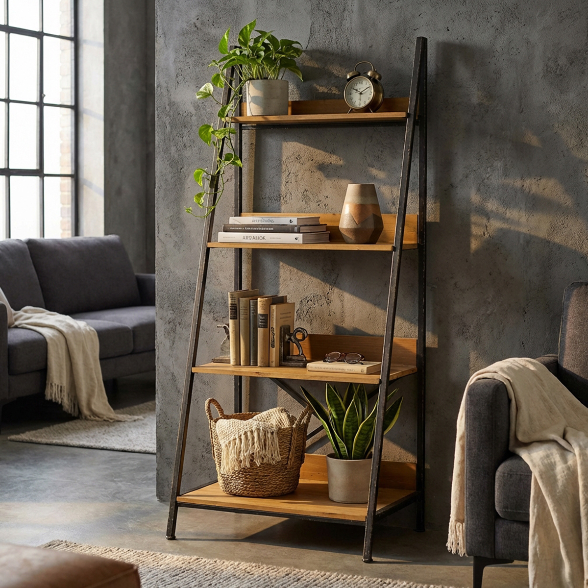 Industrial Ladder Bookcase Shelf Iron and Wood 4 Tiers Basil Cosma — 4