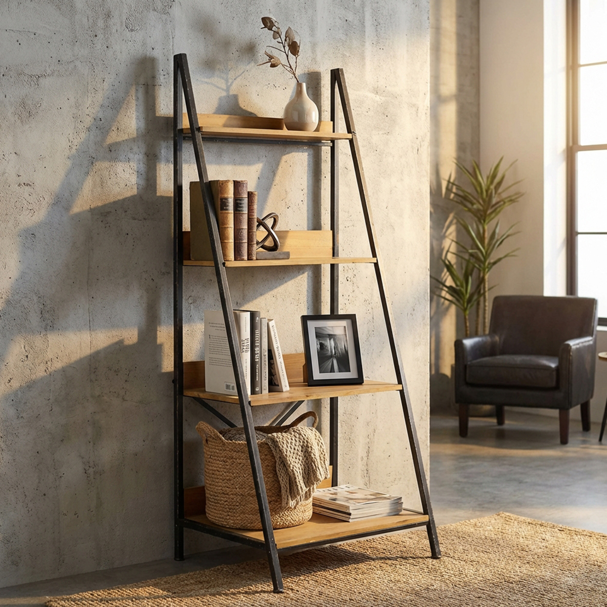 Industrial Ladder Bookcase Shelf Iron and Wood 4 Tiers Basil Cosma — 3