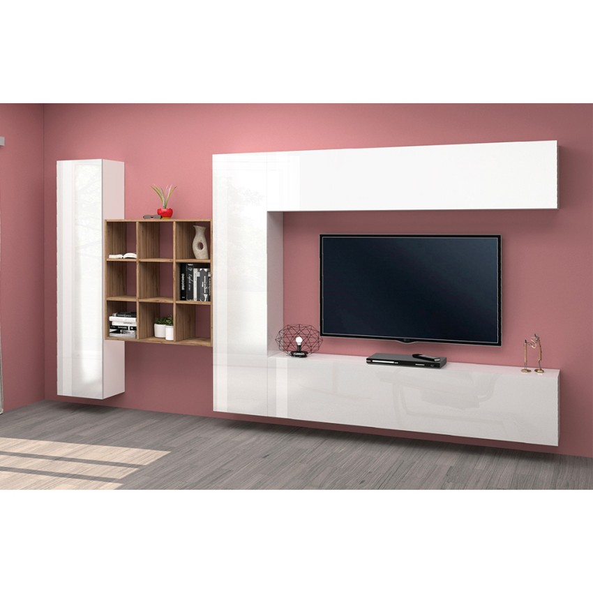 Floating TV Wall Unit with 2 Cabinets and Oak Bookcase Ferd WH — 3