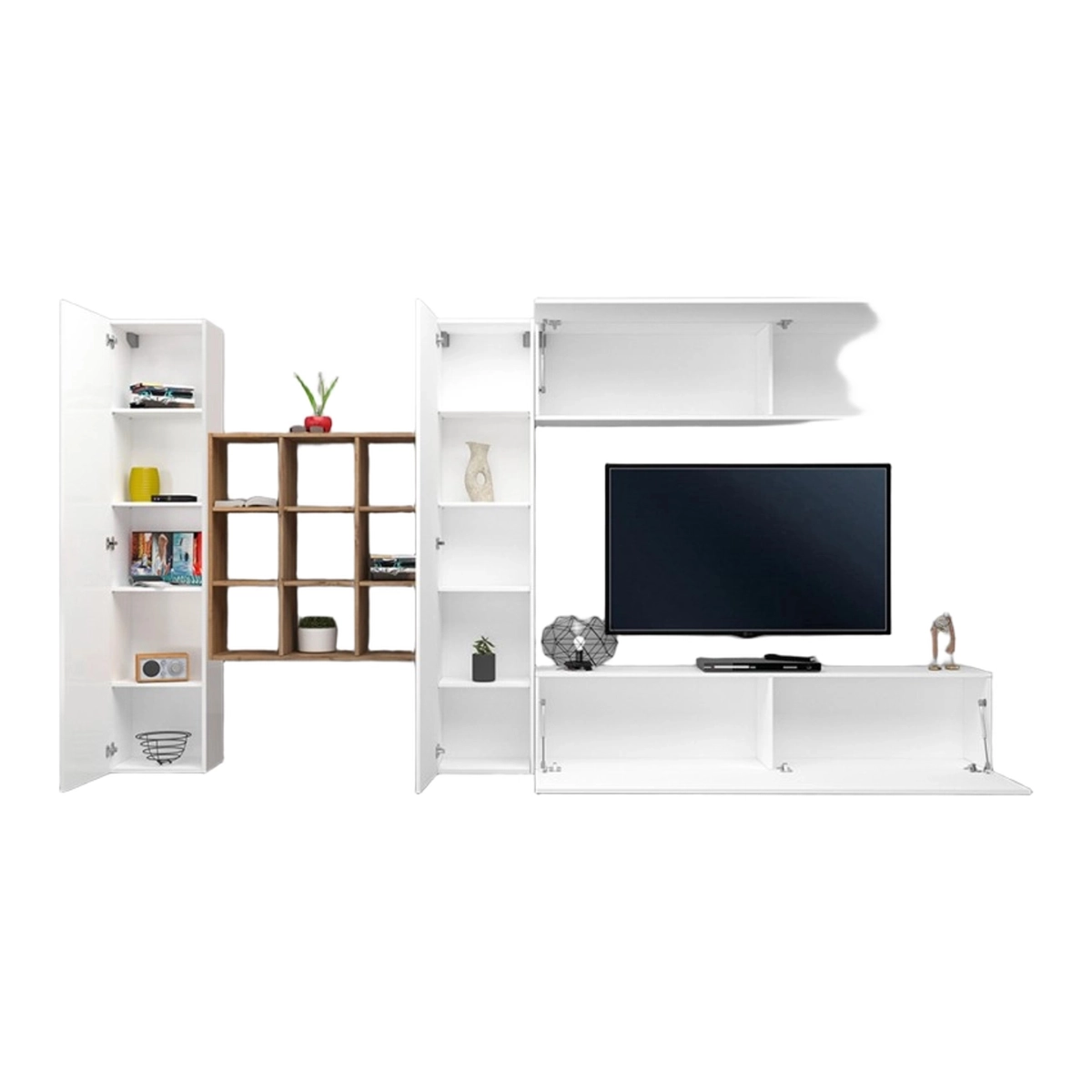 Floating TV Wall Unit with 2 Cabinets and Oak Bookcase Ferd WH — 6