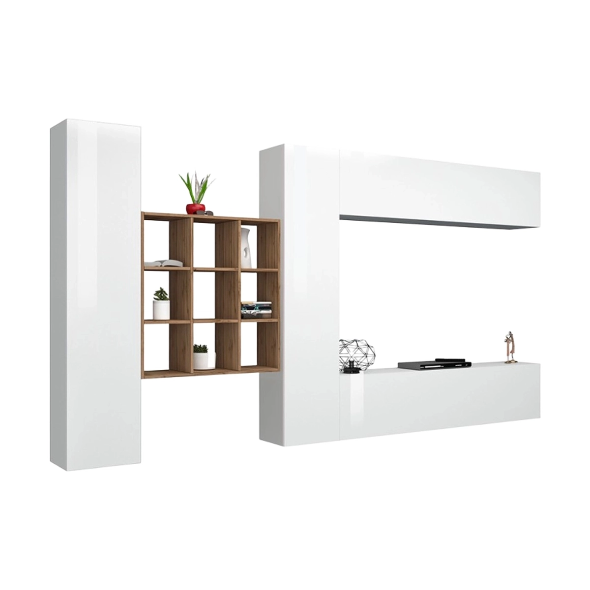 Floating TV Wall Unit with 2 Cabinets and Oak Bookcase Ferd WH — 5