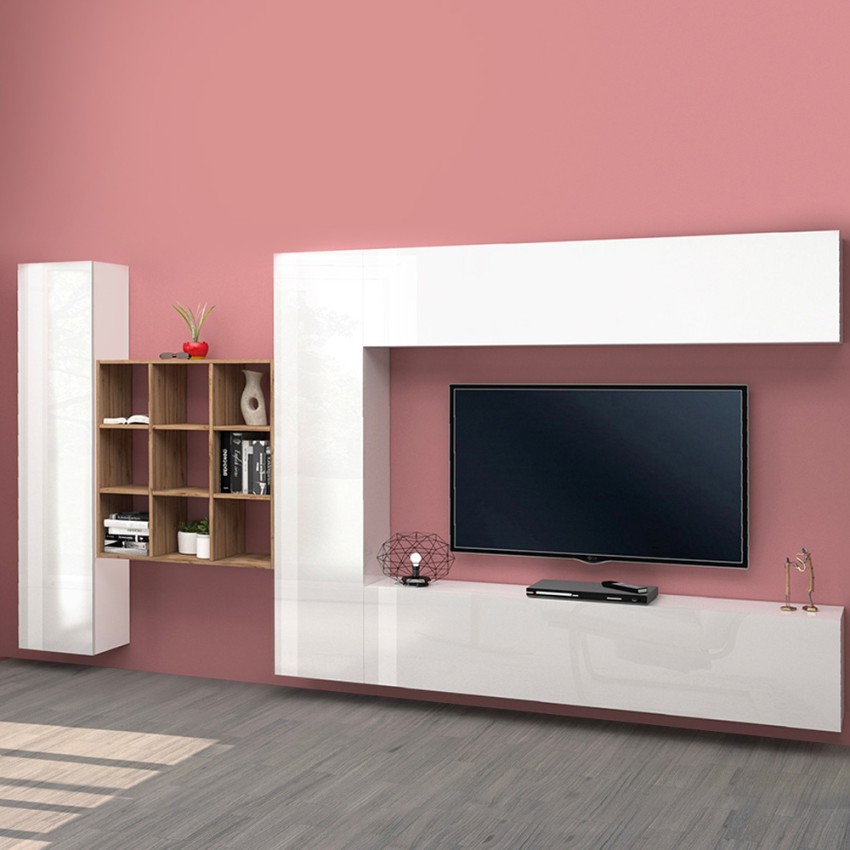 Floating TV Wall Unit with 2 Cabinets and Oak Bookcase Ferd WH — 2
